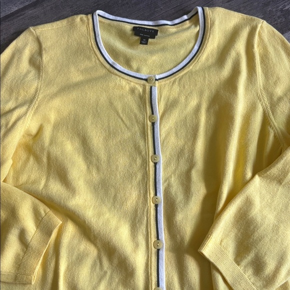 Talbots Cardigan Sweater Yellow Cotton Rayon Black White Trim - Picture 2 of 3